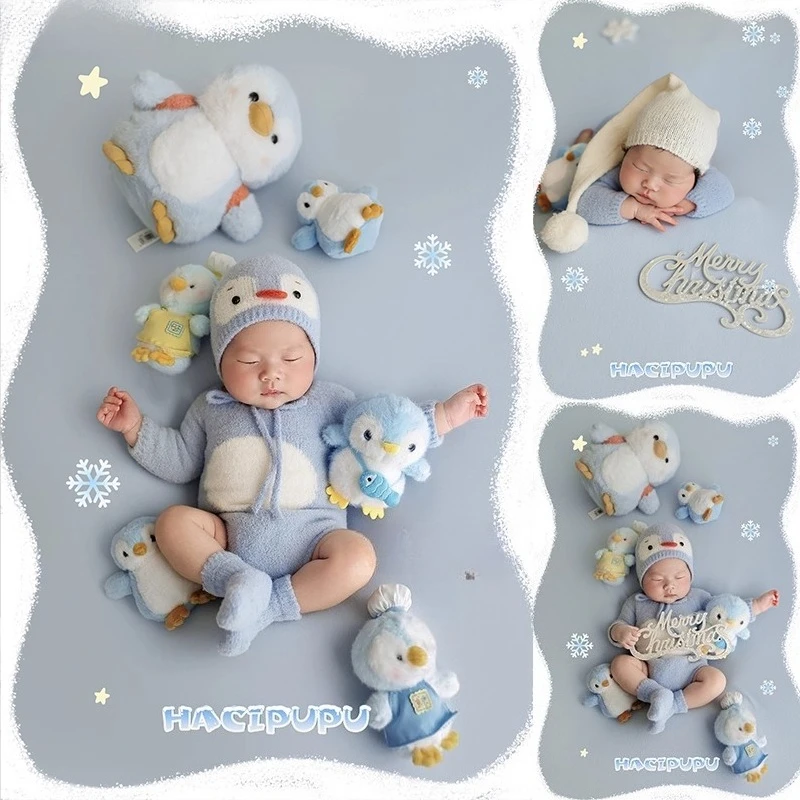 

Newborn Photography Props Cute Penguin Theme Set Knitted Outfit with Dolls Backdrop Snowflake Decors for Studio Photoshoot