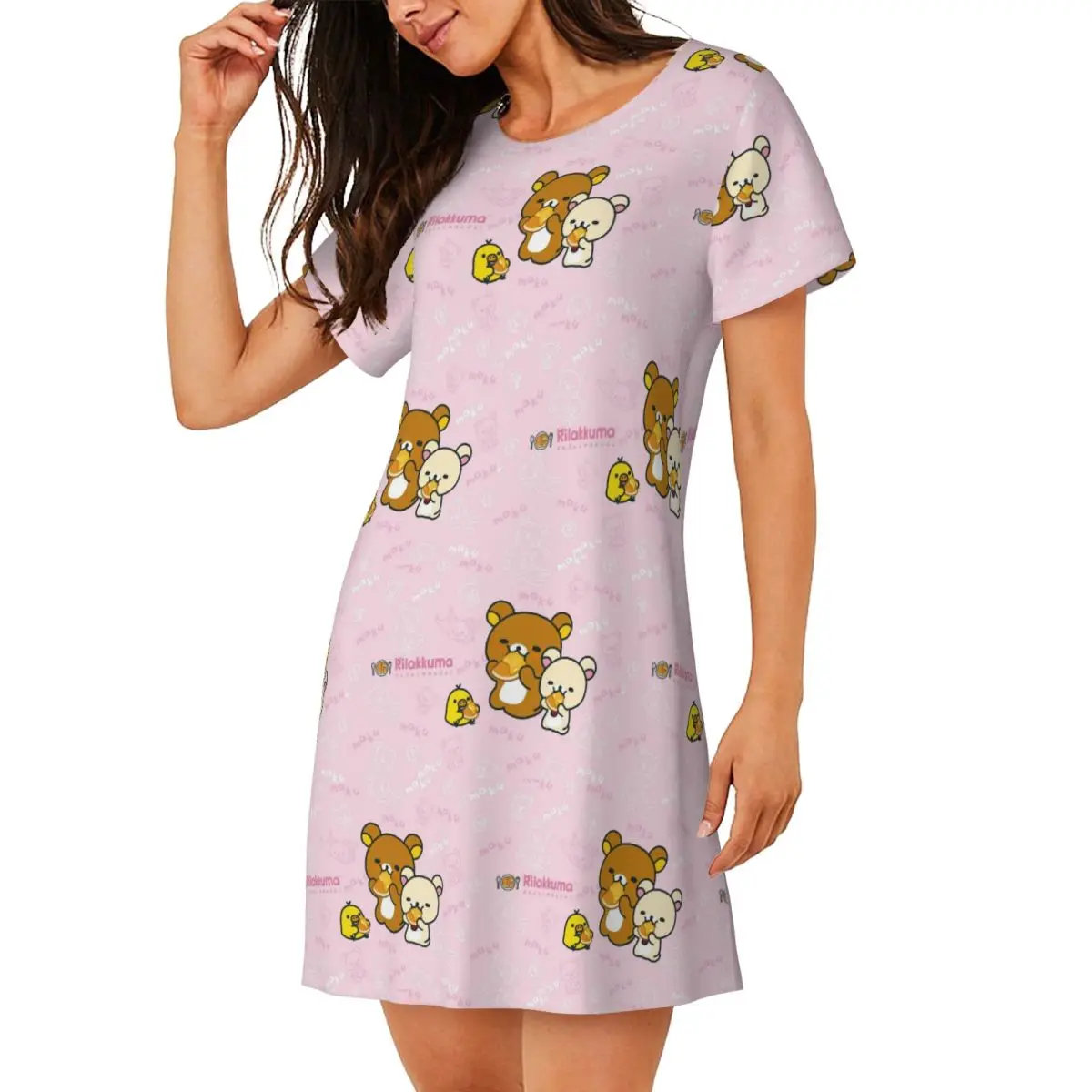 Custom Cute Rilakkuma Short Sleeves Nightdress For Sleeping Sleepshirts Women Short Sleeve Nightgowns Soft Pajama Dress