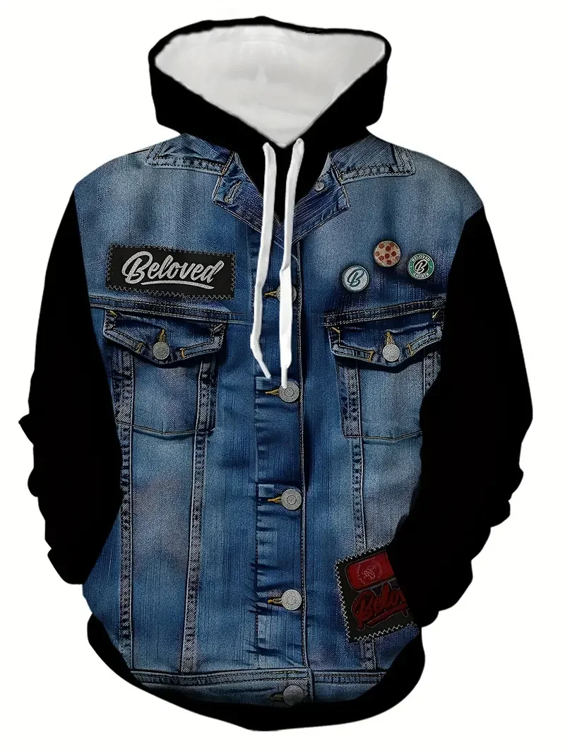 

Fashion Cool 3D Printed Men's Hoodies Creative Design Fake Denim Fabric Long Sleeve Clothes Autumn Loose Comfortable Sweatshirts