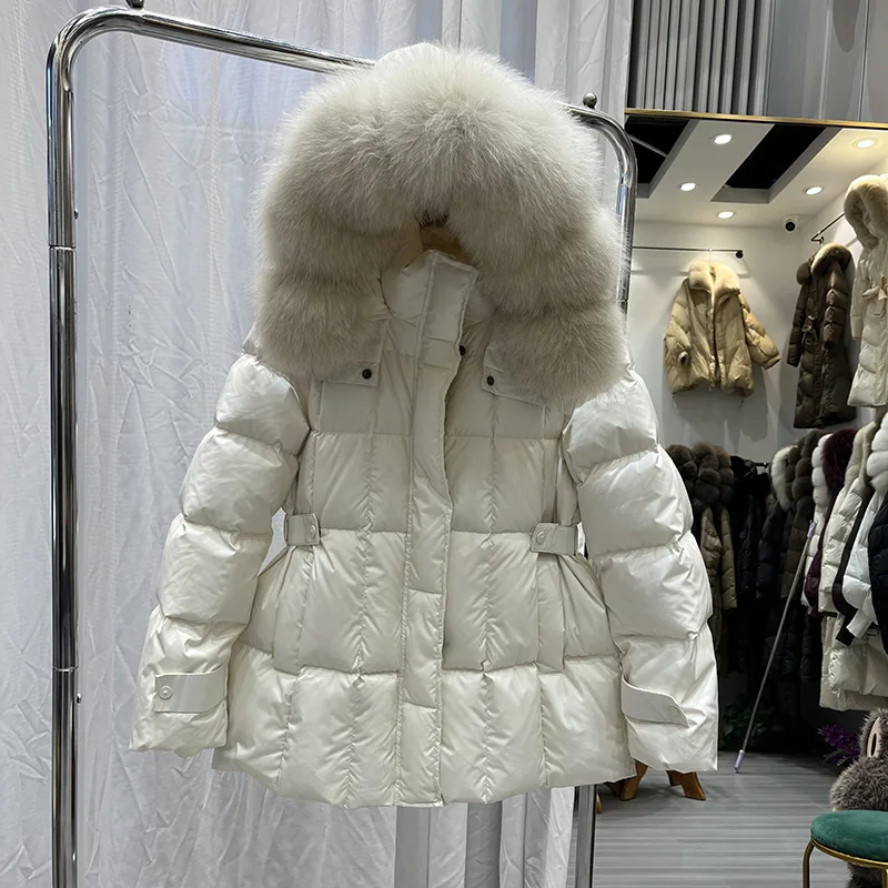 여성용 덕다운 패딩 재킷, 신상 리얼 퍼 아우터, 따뜻한 여성용 깃털 코트 및 파카, 후드가 있는 중간 길이 코트
