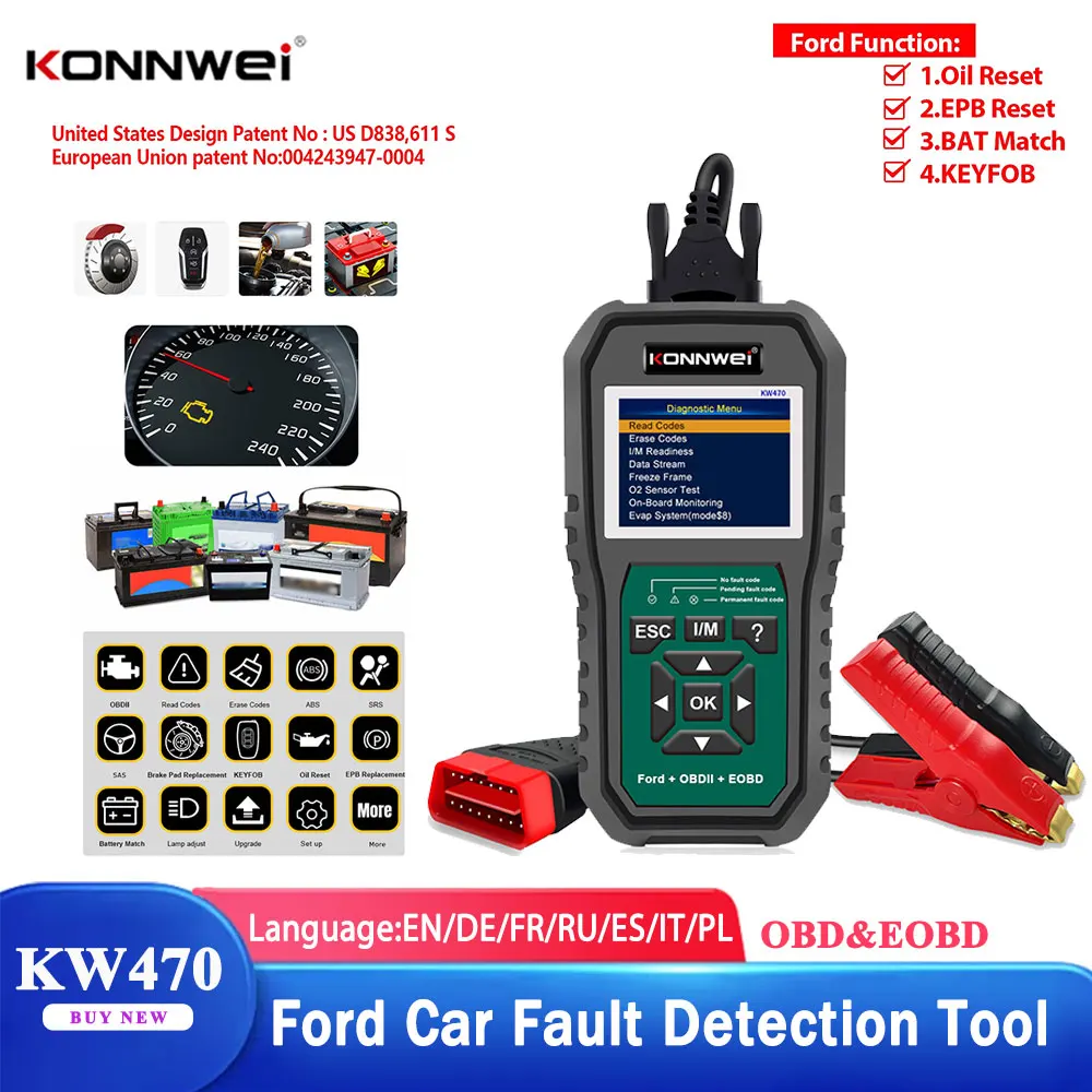 

Professional OBD2 Scanner Konnwei KW470 Full OBD2 Functions ABS SRS Scan Tool with Active Test 3 Service Oil/SAS/BMS Reset Tool