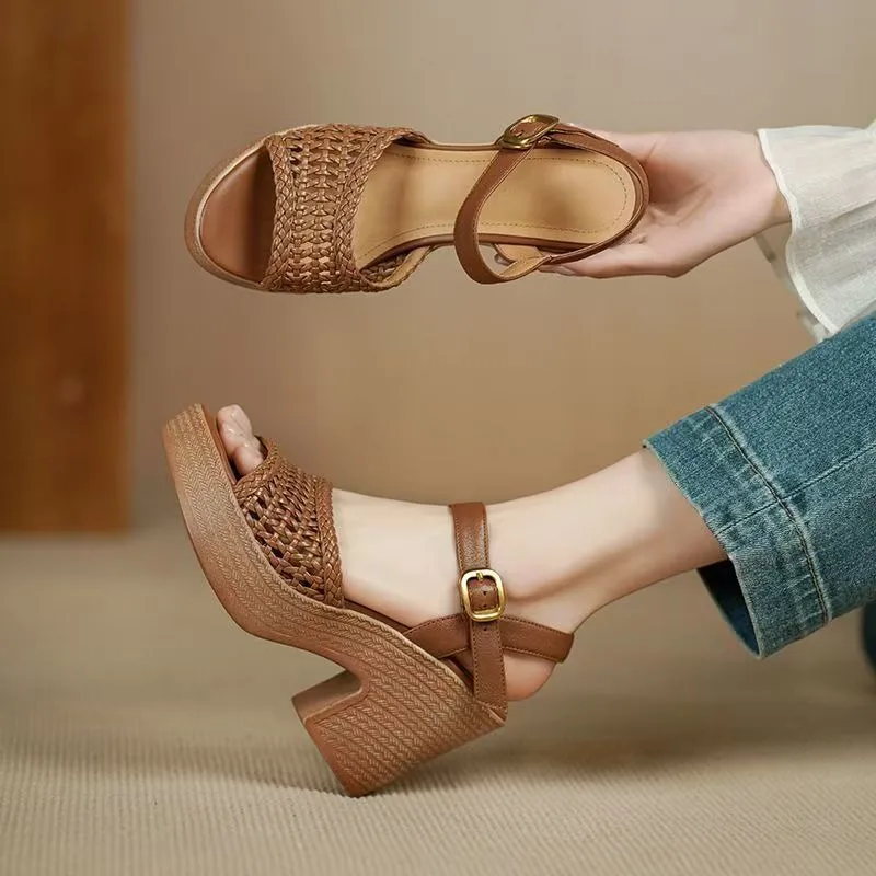 Elegant Women's Braided High Heels Sandals 2025 Summer Chunky Platform Sandals Woman Vacation Casual Beach Shoes