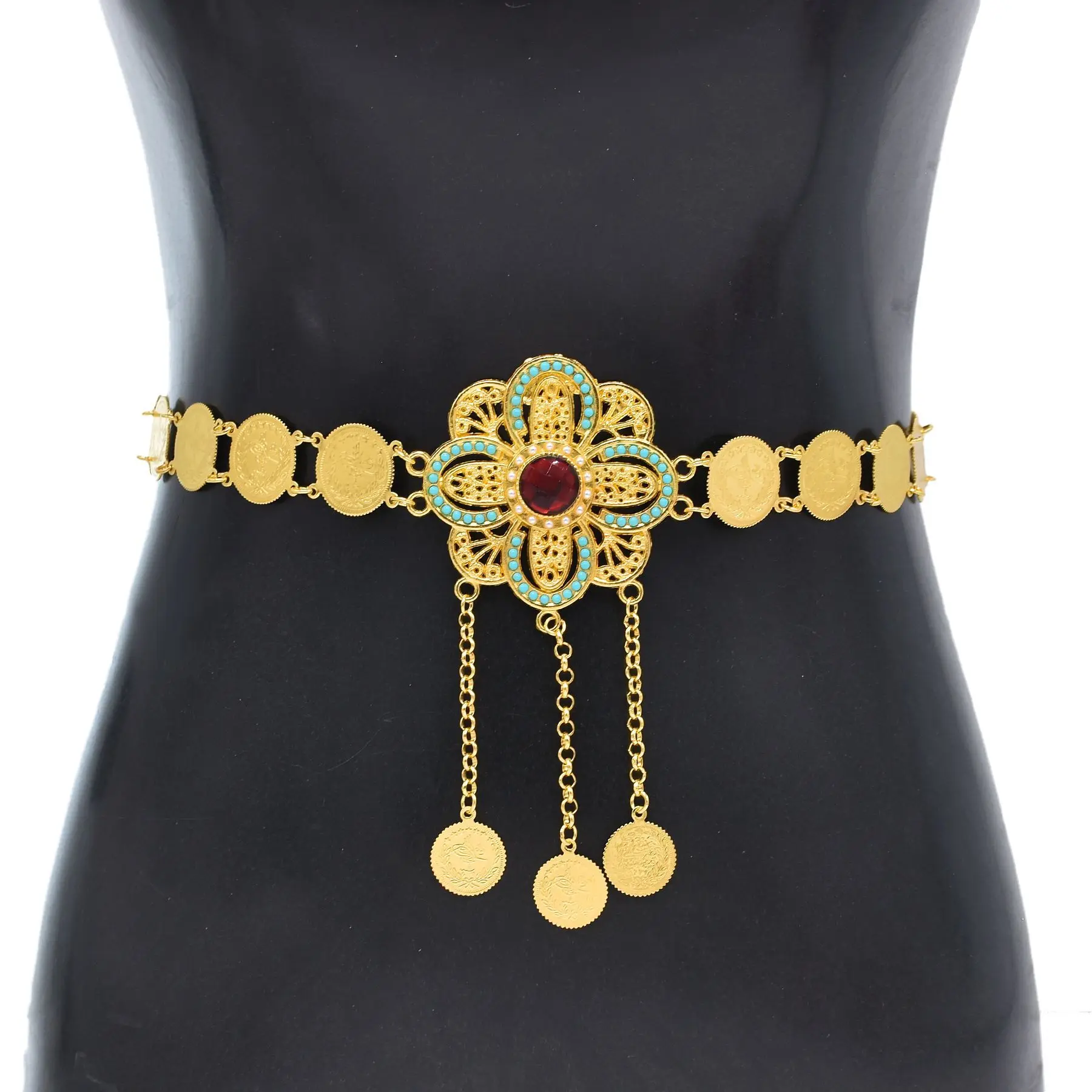 Fashion Gold Hollow Crystal Flower Long Coin Tassel Waist Bell Chains for Women Ethnic Dress Belts Turkish India Body Jewelry