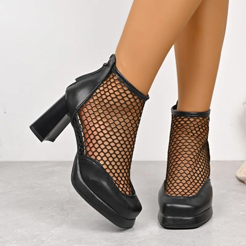 أحذية تبريد شبكية قابلة للتنفس، أحذية عصرية بمقدمة مربعة وسحاب خلفي، أحذية بكعب غير قابلة للانزلاق #3