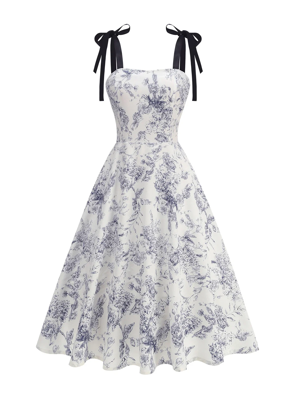 2025 60s ผู้หญิง Multicolor Floral Fit และ Flare ชุดเดรสวินเทจ Bow Tie สายรัด Shirred กลับวันเกิดพรหมชุดราตรี