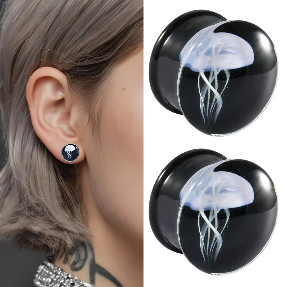 1PC Black Glass Double Flared Ear Plugs Expanders Pink Jellyfish Ear Gauge Earring Gauges Stretchers Piercing Jewelry 8mm-25mm