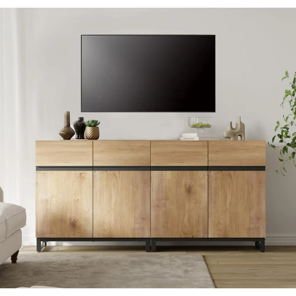 wampat modern tv stand for tvs up to 70 inch, 2 in 1 entertainment center tv console with adjustable shelves and metal base for
