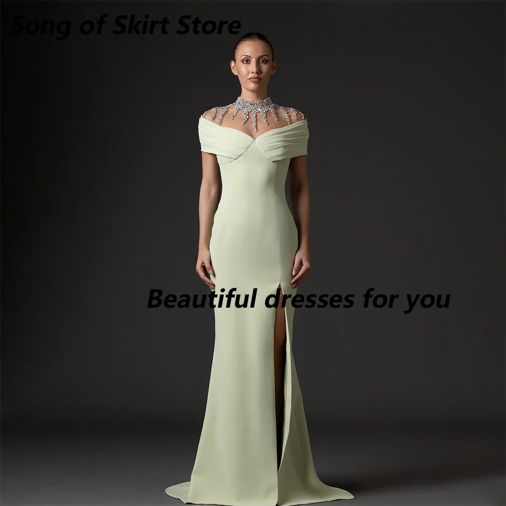 

Mermaid Prom Dress Customized Crystal Illusion High Neck Jersey Slit Floor Length Evening Gown Formal Dubai Party Dresses