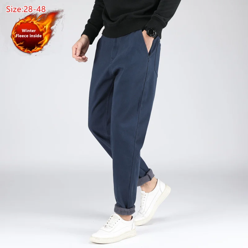 

Winter Pants Men Fleece Warm Casual Boy Elastic Large Size 42 44 46 48 Plus Stretched Thicken Loose Man Velvet Mens Trousers