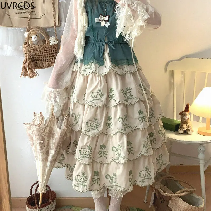 Estate giapponese Kawaii dolce minigonna donna dolce fiocco coniglietto ricamo carino gonne femminili eleganti gonne a strati Lolita fata