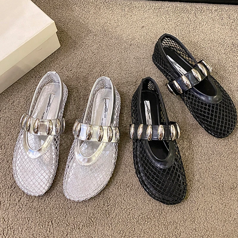 

Silver Fishnet Ballet Shoes Woman Chic Brand Design Mesh Loafers with Metal Studs Ladies Summer Hollow Out Slip-on Flat Zapatos