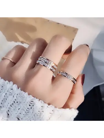 Clear White Stones Wedding Women Ring Stainless Steel 1 and 2 Rows Bling Zircon Fashion Pair Ring Female Jewelry