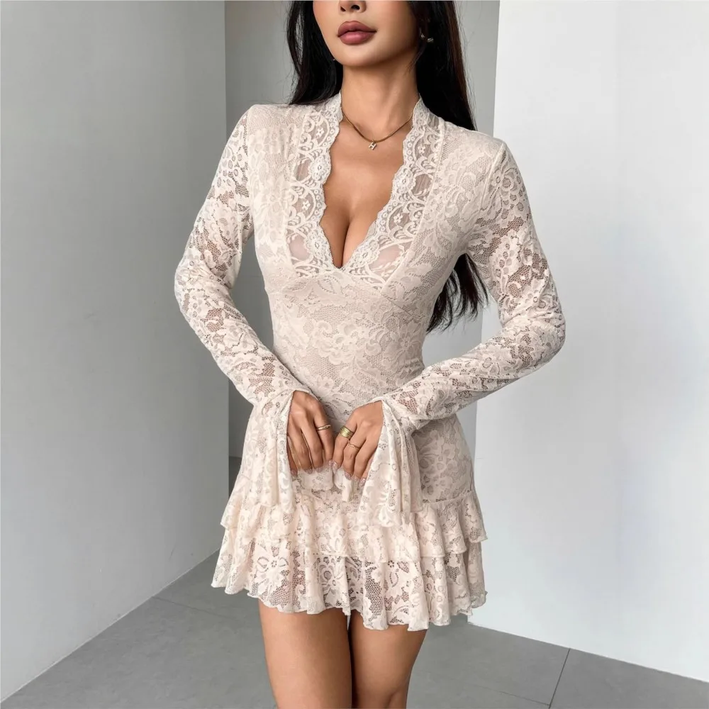 Dress 2025 Woman V Neck Low Cut Trendy Hollow Out Solid Color Lace Bodycon Wrap Hip Temperament Elegant Casual Intellect Trendy