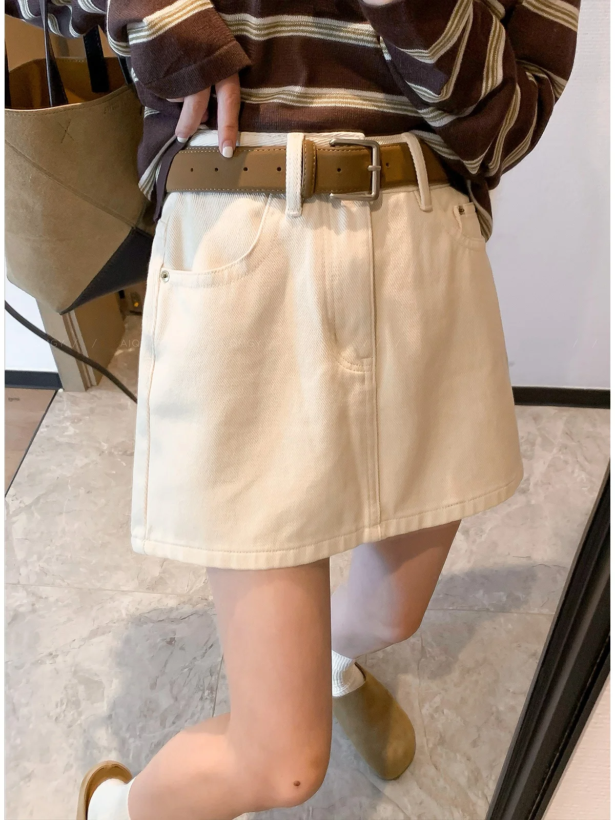 

Юбка А-силуэта с высокой талией для женщин, абрикосового цвета, в стиле рабочей одежды, летняя, новая, утягивающая, универсальная, модель Love Devil Fi