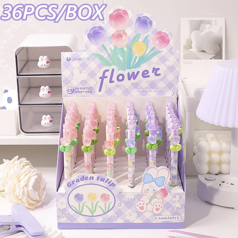 

36pcs/Box Kawaii Acrylic Tulip Flower 0.5mm Black Ink Gel Pen Student School Office Writing Supplies Stationery Wholesale