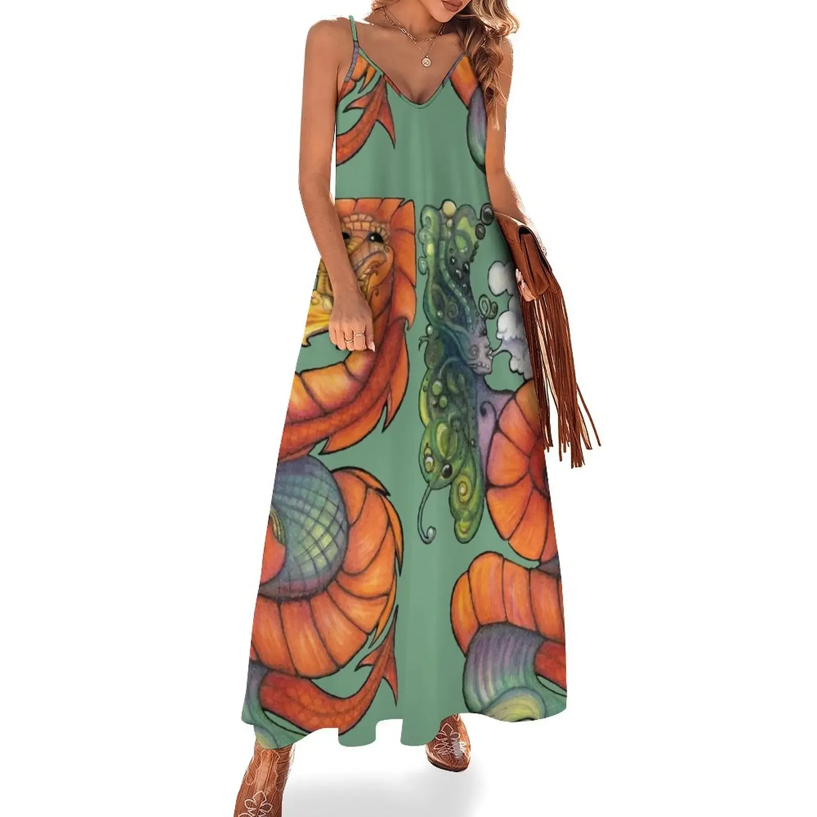 

Mermaid~dragon twisted flow on sage green Sleeveless Dress Beachwear elegant guest wedding dress Summer dresses for women Dress