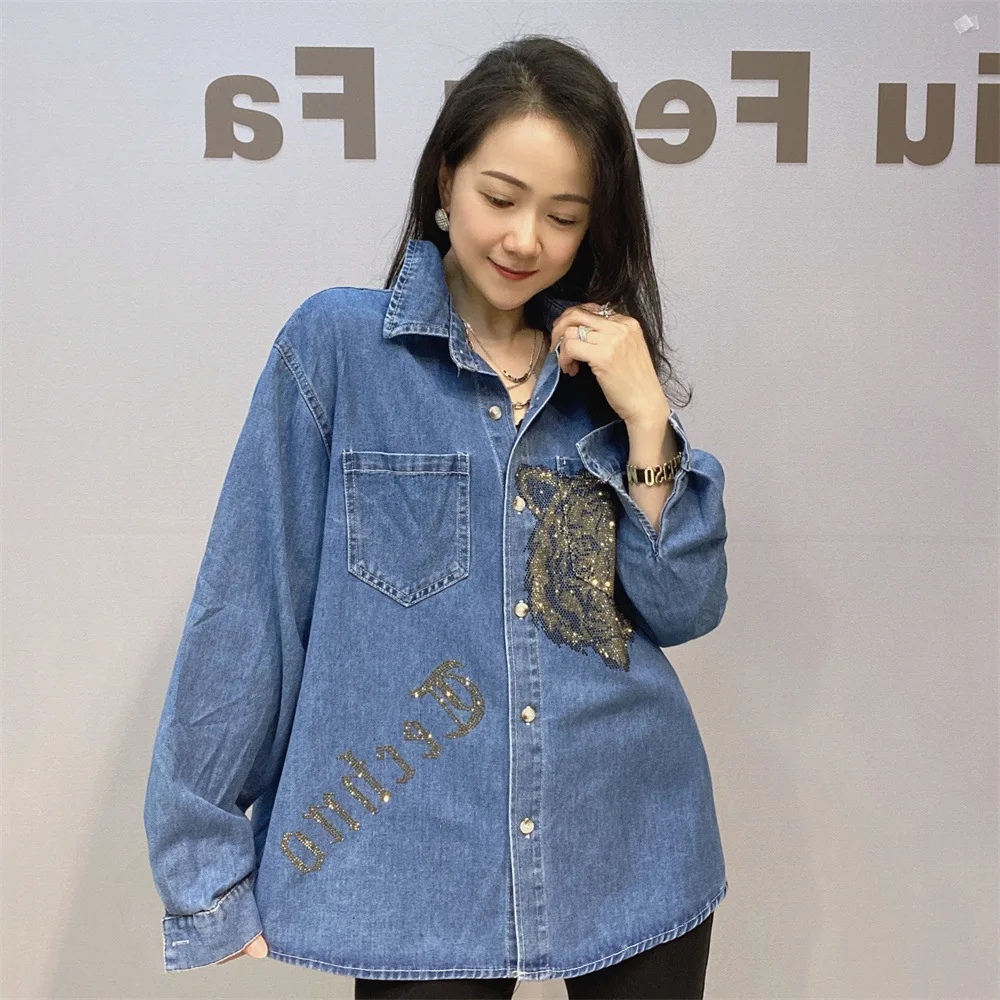 European Station Long Sleeve Denim Shirt Women's Spring and Autumn New Cartoon Hot Diamond Top Loose Fashion Jacket Coat