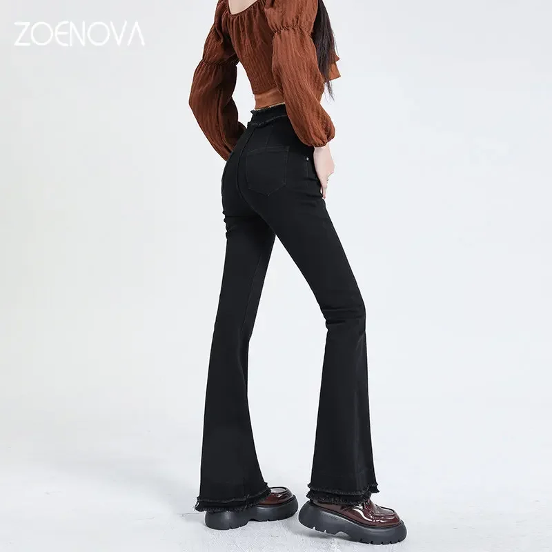 ZOENOVA 2023 Spring Vintage Wide Jean Female Irregular American Fashion Full Length High Waist Tassel Trouser Leg Flare Hem Y2K