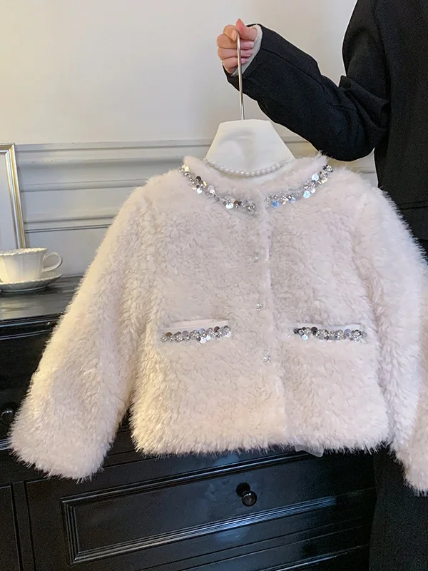 

Thiened Cotton Fluffy Outerwear for Girls Faionable Winter Coat Small Fraance Sle Warmth Comfortable Children's Clothing