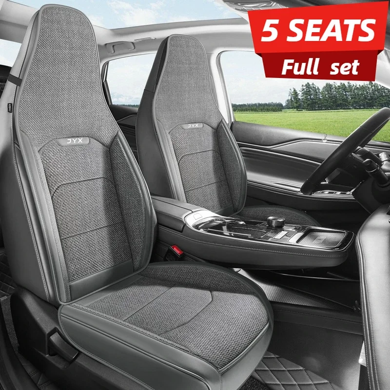 5-Seat Full Set Seat Covers for One-Piece Seats, Breathable Linen All-Season Easy-Care,Semi-Wrap Easy Install, Fits Tesla/BYD/EV