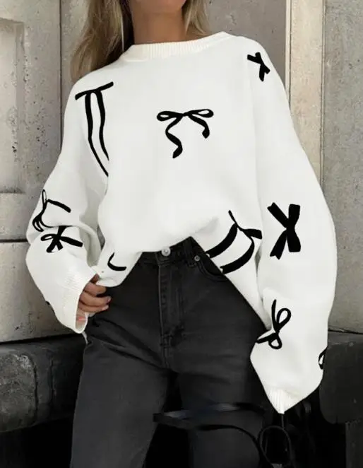 

Spring and Autumn Sweet Girl Style Color Blocked Bow Printed Round Neck Loose Casual Versatile Women's Long Sleeve Top