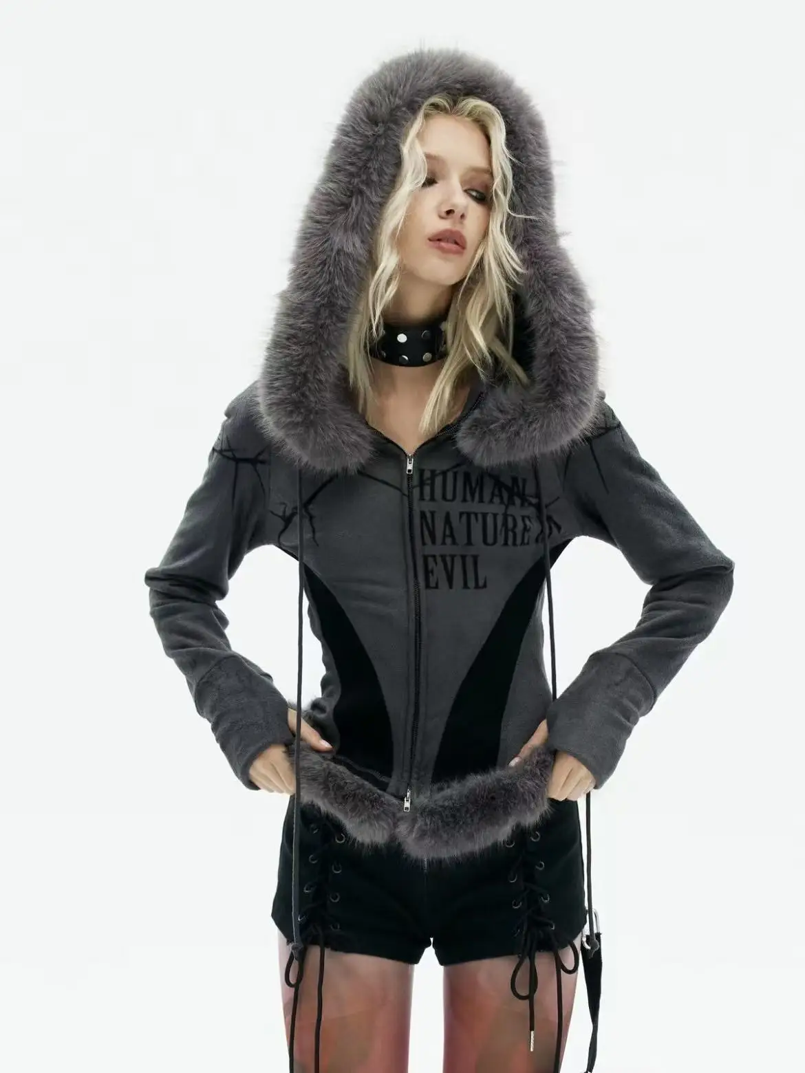 Retro Furry Edge Hooded Zip Outerwear Grey Black Spider Seam Design Letter Print Waist Cinching Cropped Jacket Structure Garment