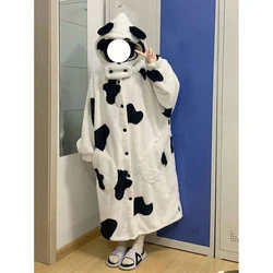 Cow Print Robe Women Sleepwear Hooded Nightdress Winter Fleece Pajama Night Wears Warm One Piece Nightgown Long Sleeve Homewear