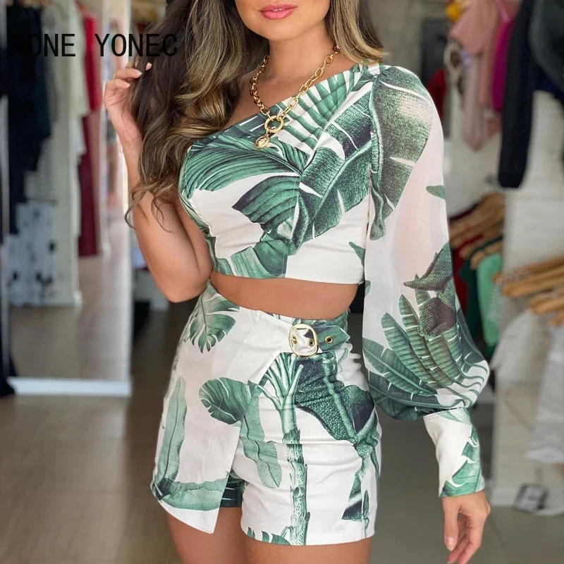 Women Tropical Print Long Sleeve Top & Skirt Set Summer Vacation Suit