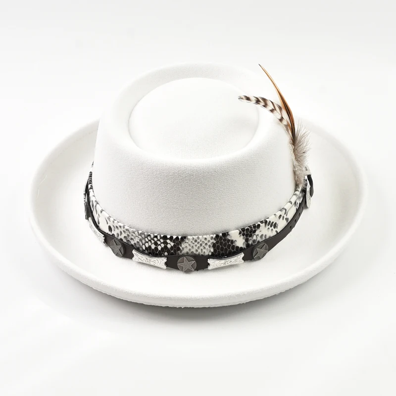 Classic Imitation Wool Soft Felt Pork Pie Hat Mens Rolled Brim Felt Fedora Hat with Feather