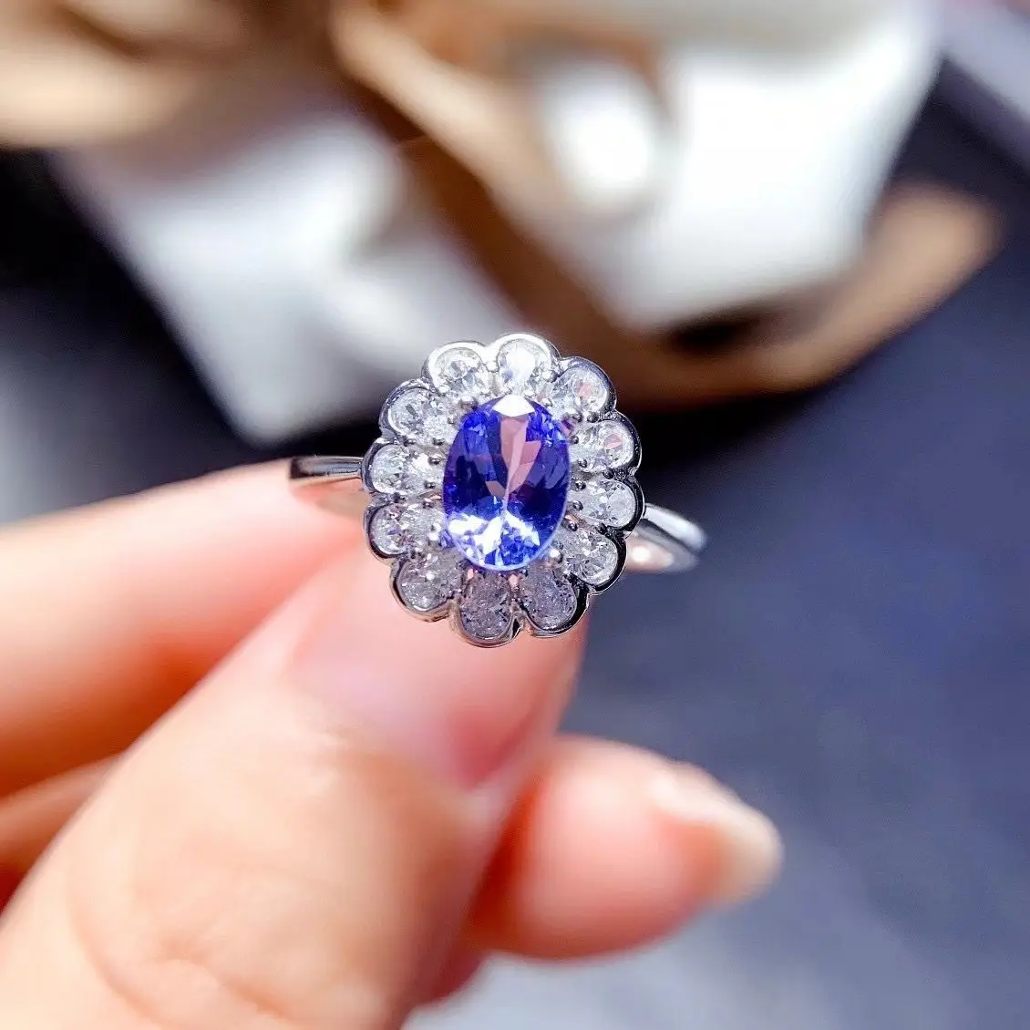 ZECAA Tanzanite Fine Jewelry Woman Tanzanite Ring With Natural Tanzanite Gemstone 5*7mm Silver Lady Tanzanite Ring Jewelry