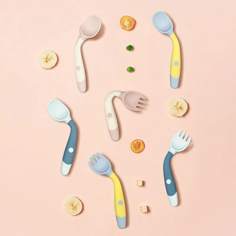 2pcs/set Baby Tableware Silicone Spoon Fork Set Bendable Soft Fork Children\'s Learning Eat Training Baby Assiste Eat Tableware