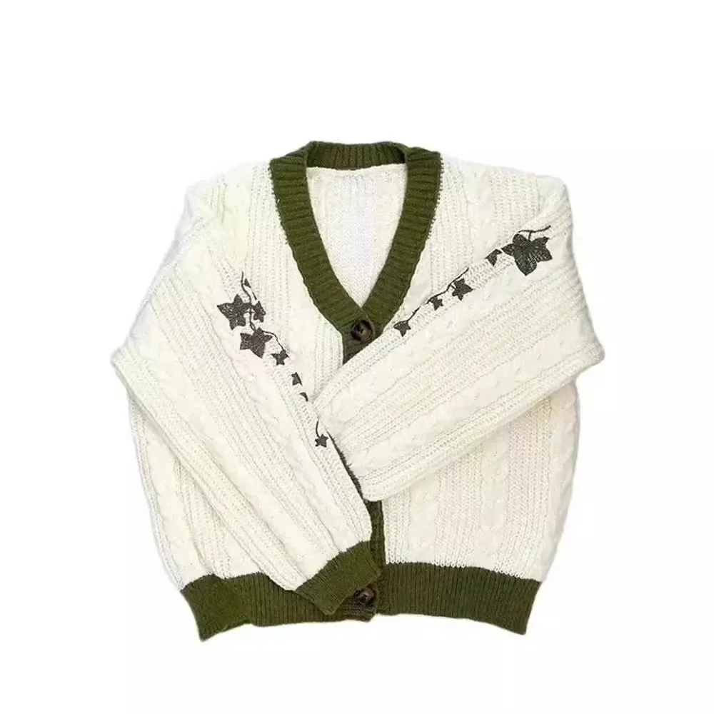 Women Fall Winter Vintage Outfit Green Vine Embroidered Button Down Cable Knit Sweater Cardigan Taylor Version Sweater