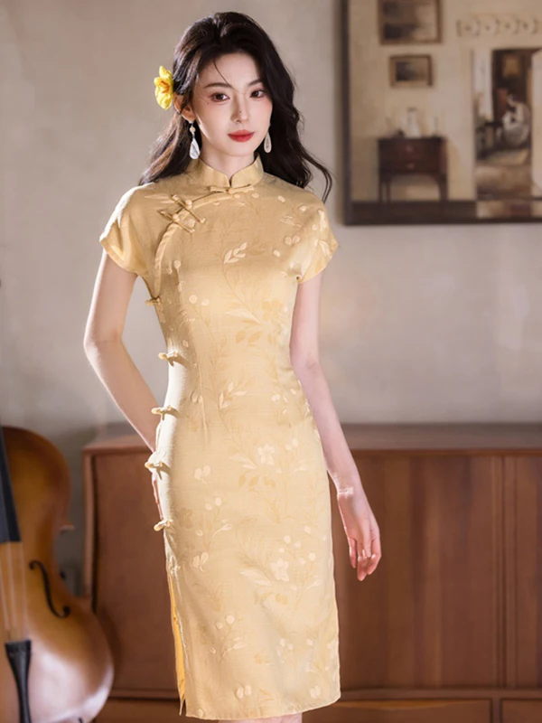 yellow-cotton-linen-dr-ele-girl-daily-wear-summer-high-end-feeling-ort-sve-middle-length-pure-color