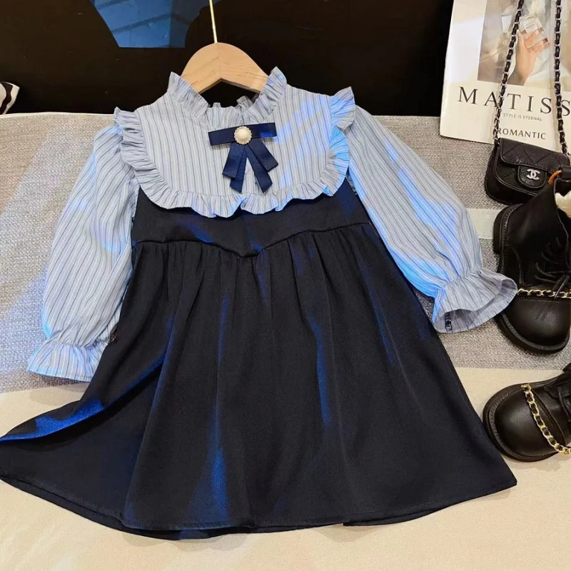 

2024New Girls' Spring Dress Preppy Style Skirt Children's Fake Two-Piece Shirt Dress Princess Dress-WSNY