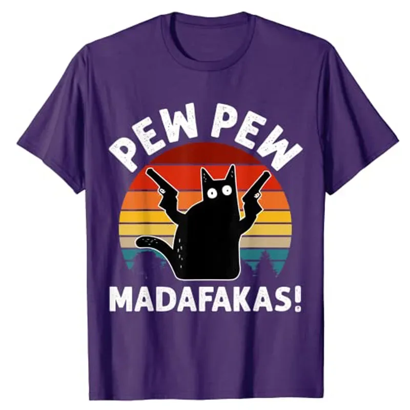 Vintage Retro Black Cat Pew Pew Madafakas! Graphic T-Shirt Aesthetic Clothes Cute Kitty Cat Dad Short Sleeve Graphic Outfit Gift