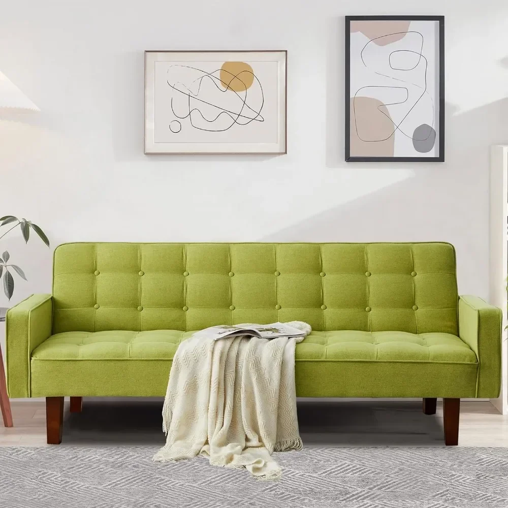 ##For Futon Sofa Bed, Modern Tufted Loveseat Sofa Sleeper, Linen 3 Seater Couch for Living Room, Bedroom, Apartment, Green& view 2