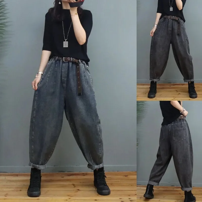 

2023 Autumn/Winter Fashion Minimalist Nine Point Jeans Women Vintage Art Radish Pants High Waist Loose Western Harlan Dad Pants