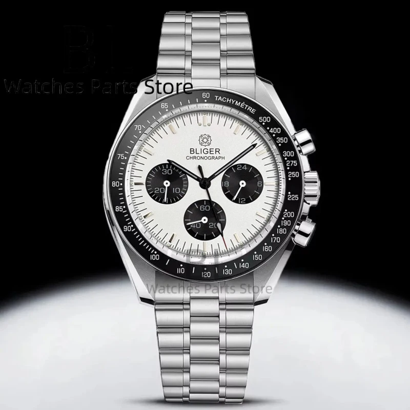 BLIGER 40mm Moon Quartz Watch For Men VK63 Chronograph Bubble Crystal Waterproof Stainless Steel Black White Dial Business Watch view 2