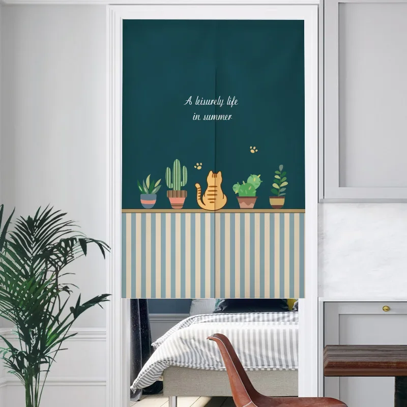Cute Cartoon Cat Door Curtain: Green Plants, Nordic Style, Ideal for Kitchen & Entrance Decor, Half-Curtain