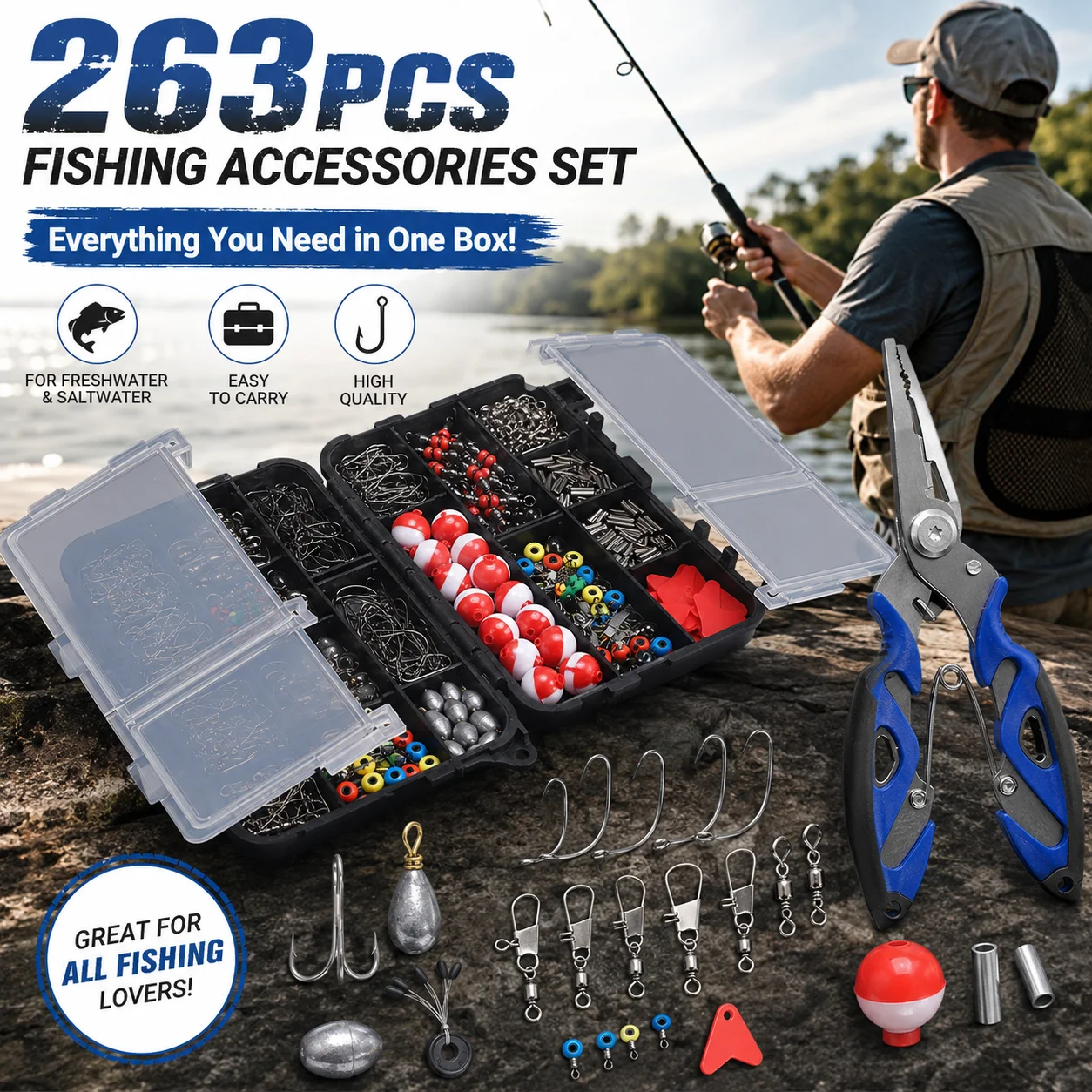 Outdoor-Angelzubehör-Set mit Tackle-Box, inklusive Zange, Jig-Haken, Bleigewichten, Wirbeln, Karabinern und Bleigewichts-Slides.