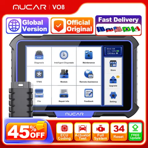 MUCAR VO8 전문 자동 OBD2 스캐너, 전체 시스템 34 리셋 ECU 코딩 액션 테스트, 자동차 진단 도구