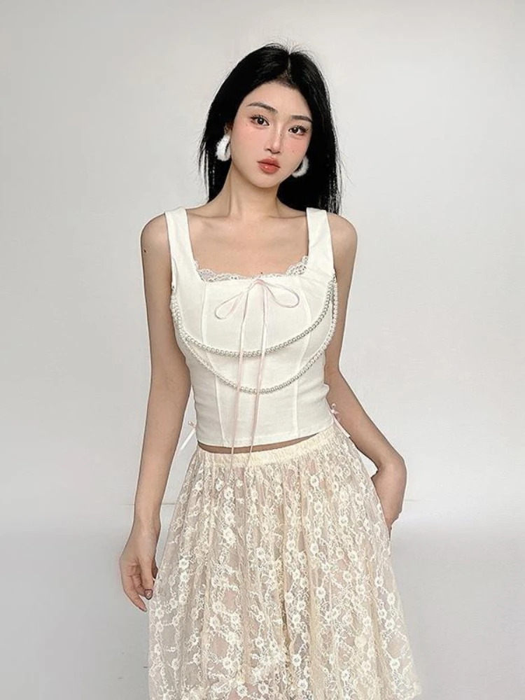 Y2k Aesthetic Lace Patchwork Summer Top Women Streetwear Pearl Chain Cropped Camisole Harajuku Grunge Vintage Bodycon Vest