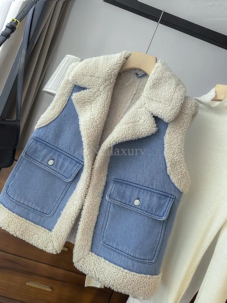 CNlalaxury 2024 Autumn Winter Women New Simplicity Lapel Sleeveless Cowboy Vest Pocket Design Button Cardigan Outwear Versatile