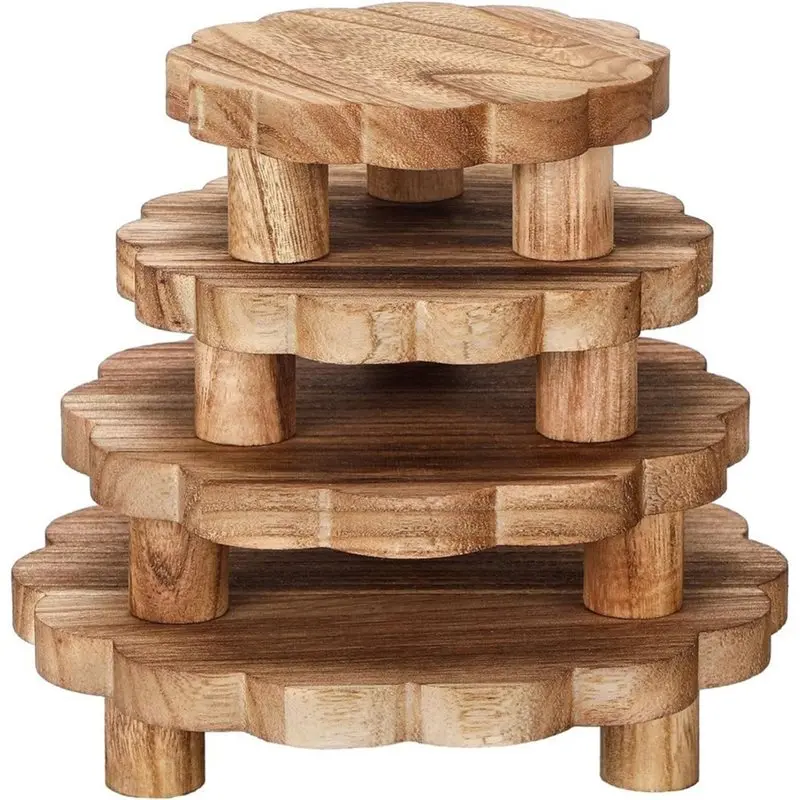 A34R& Scalloped 4 Pcs Wooden Risers Rustic 5 6 7 8 Inch Display Stands Stackable Wood Pedestals For Tiered Serving