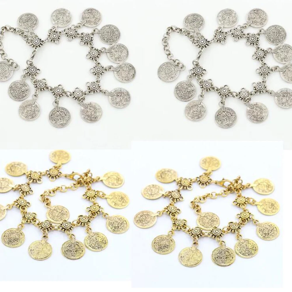 Tobillera con borla de moneda de Metal Retro, pulsera de cadena de pie a la moda Vintage, joyería para mujeres y niñas, accesorio diario para fiesta y boda, 4 Uds.