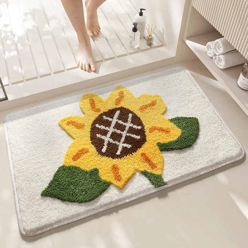 Cartoon Style Sunflower Bath Mat Thickened Encrypted Plush Bathroom Absorbent Foot Mat TPR Anti-slip Flocked Bathroom Rug