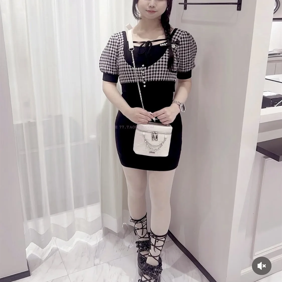 Japanse Stijl Elegante Plaid Lace-up Bladerdeeg Mouw Korte Vest Tops Mouwloze Hoge Taille Slanke Sling Jurk Tweedelige sets Vrouwen