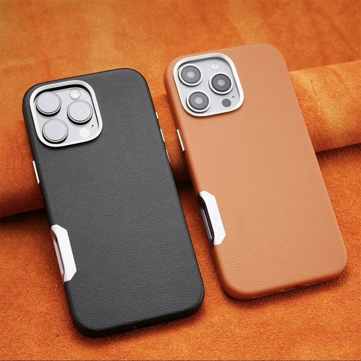 

Luxury Plain Leather MagSafe Magnetic Phone Case For iPhone 16 Pro Max 16Plus Metal Hollow Button Shockproof Cover for iPhone 16