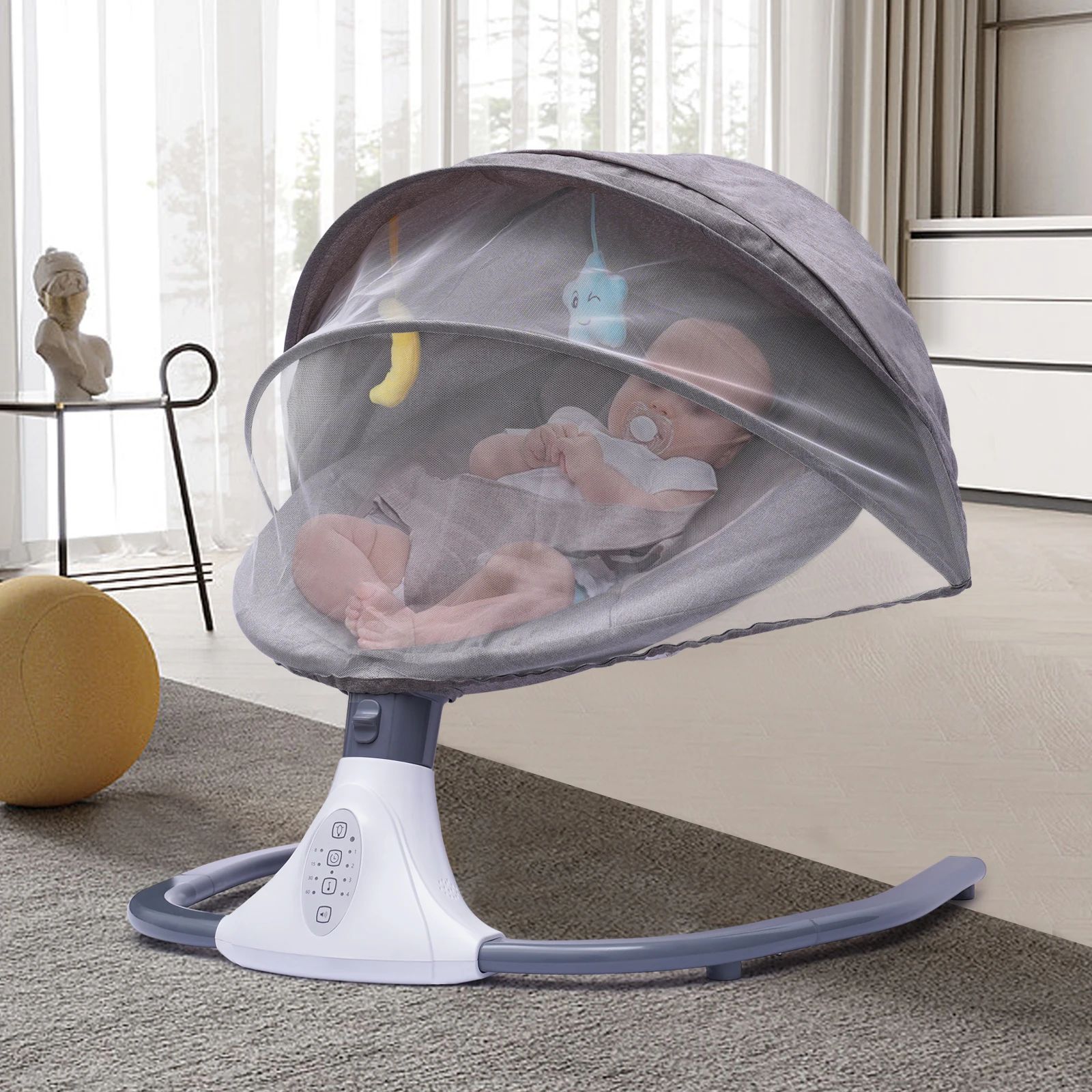 Baby Electric Cradling Bouncer w/Removable Crib Netting, Harness, Bluetooth & USB,  w/4 Swing Amplitudes & Timing Function