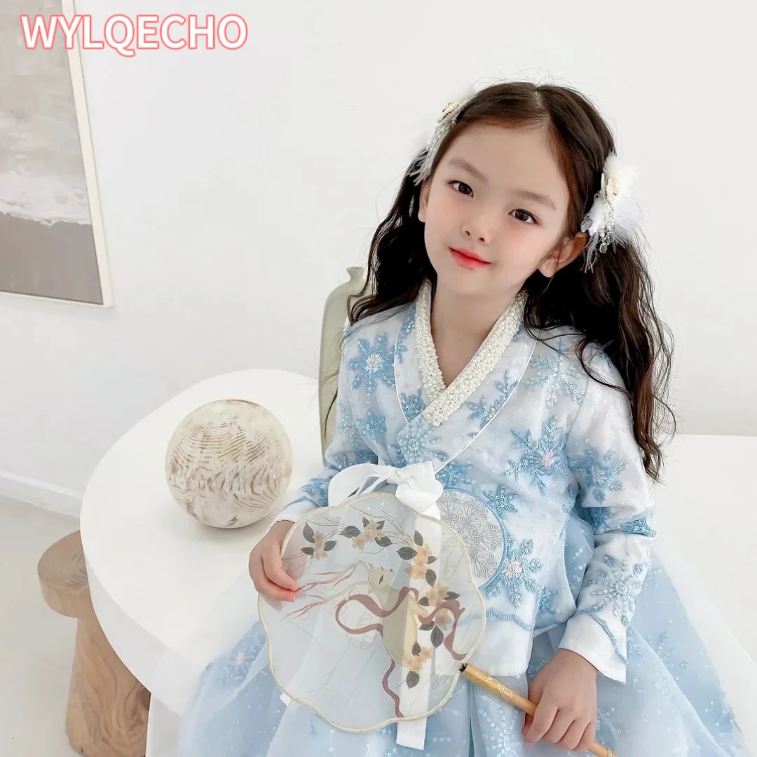 

Traditional Korean Clothing Girls Hanbok Embroidery Long Sleeve Ancient Dance Costume Stage Performance Retro Court Blue Dress